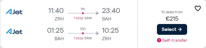Cheap flights from European cities to Bahrain from only €215 roundtrip. Flight deal ticket image.