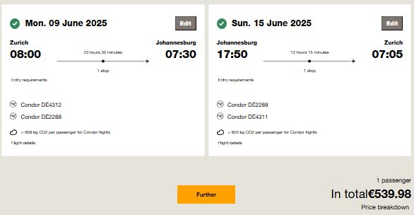 Premium Economy flights from Zurich, Switzerland to Johannesburg, South Africa for only €539 roundtrip. Flight deal ticket image.