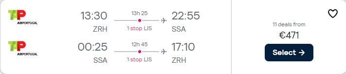 Cheap flights from Zurich, Switzerland to Brazilian cities from only €471 roundtrip with TAP Air Portugal. Flight deal ticket image.