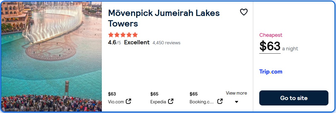 Stay at the 5* Mövenpick Jumeirah Lakes Towers in Dubai, UAE for only $63 USD per night. Flight deal ticket image.