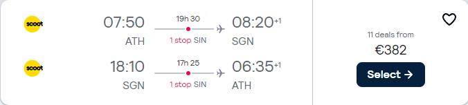 Cheap flights from Athens, Greece to Ho Chi Minh City, Vietnam for only €382 roundtrip. Flight deal ticket image.