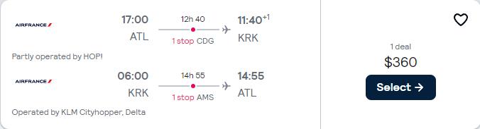 Cheap flights from Atlanta to Krakow, Poland for only $360 roundtrip with Air France, KLM and Delta Air Lines. Flight deal ticket image.