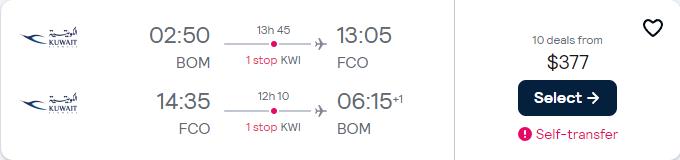 Summer flights from Mumbai, India to Rome, Italy for only $372 USD roundtrip. Flight deal ticket image.