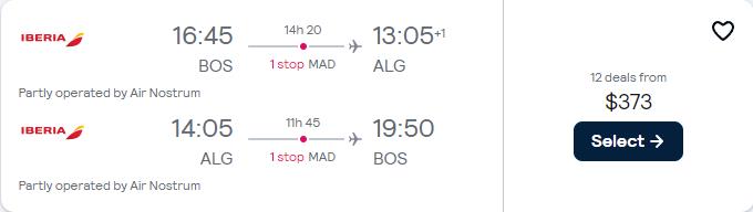Click here to book this cheap flight deal. Cheap flights from Boston to Algiers, Algeria for only $373 roundtrip with Iberia. Flight deal ticket image.