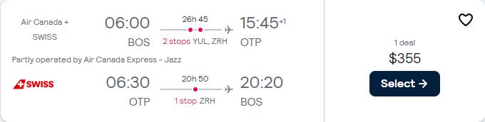 Click here to book this cheap flight deal. Cheap flights from Boston to Bucharest, Romania for only $355 roundtrip with Air Canada and Swiss International Air Lines. Flight deal ticket image.