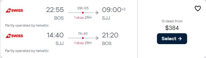 Click here to book this cheap flight deal. Cheap flights from Boston to Sarajevo, Bosnia and Herzegovina for only $384 roundtrip with Swiss International Air Lines. Flight deal ticket image.