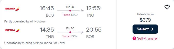 Cheap flights from Boston to Tangier, Morocco for only $379 roundtrip with Iberia. Flight deal ticket image.