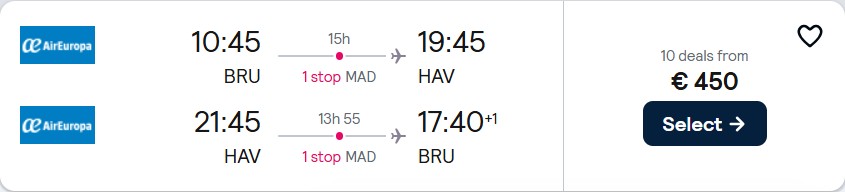 Click here to book this cheap flight deal. Cheap flights from Brussels, Belgium to Havana, Cuba for only €450 roundtrip with Air Europa. Flight deal ticket image.