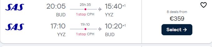 Cheap flights from Budapest, Hungary to Toronto, Canada for only €359 roundtrip with Scandinavian Airlines. Flight deal ticket image.
