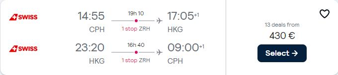 Cheap flights from Copenhagen or Billund, Denmark to Hong Kong from only €430 roundtrip with Swiss International Air Lines. Flight deal ticket image.