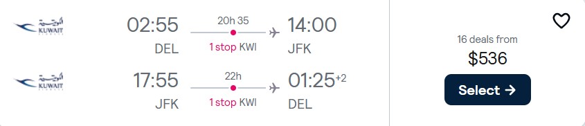 Click here to book this cheap flight deal. Cheap flights from Delhi, India to New York, USA for only $536 USD roundtrip. Flight deal ticket image.