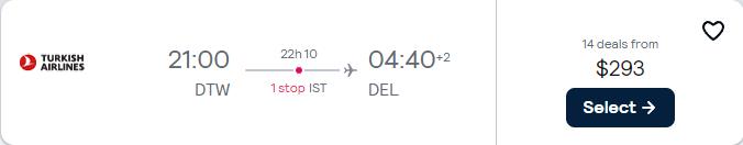 Last minute flights from Detroit to Delhi, India for only $293 one-way with Turkish Airlines. Flight deal ticket image.