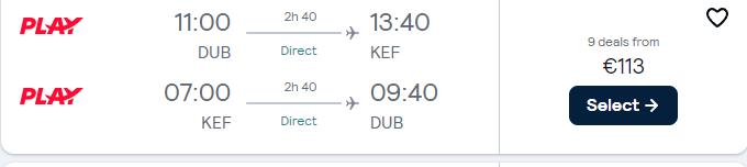 Non-stop flights from Dublin, Ireland to Reykjavik, Iceland for only €113 roundtrip. Flight deal ticket image.