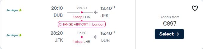 Click here to book this cheap flight deal. Error Fare Business Class flights from Dublin, Ireland to New York, USA for only €897 roundtrip with British Airways. Flight deal ticket image.