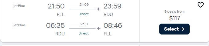 Non-stop, summer flights from Fort Lauderdale to Raleigh, North Carolina for only $117 roundtrip with JetBlue. Also works in reverse. Flight deal ticket image.