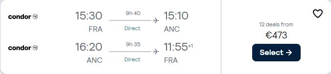 Non-stop flights from Frankfurt, Germany to Anchorage, Alaska for only €473 roundtrip. Flight deal ticket image.