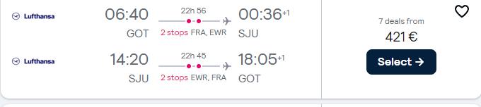 Click here to book this cheap flight deal. Cheap flights from Gothenburg, Sweden to San Juan, Puerto Rico for only €421 roundtrip with Lufthansa and United Airlines. Flight deal ticket image.