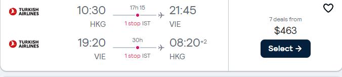 Cheap flights from Hong Kong to Vienna, Austria for only $463 USD roundtrip with Turkish Airlines. Flight deal ticket image.