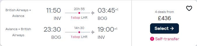 Cheap flights from Inverness, Scotland to Bogota, Colombia for only £436 roundtrip with British Airways and Avianca. Flight deal ticket image.