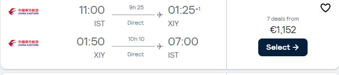 Business Class flights from Istanbul, Turkey to Xi'an, China for only €1152 roundtrip. Flight deal ticket image.