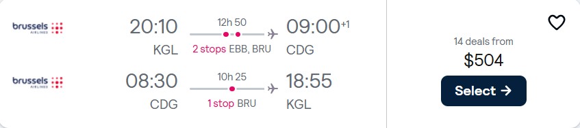 Click here to book this cheap flight deal. Cheap flights from Kigali, Rwanda to Paris, France for only $504 USD roundtrip with Brussels Airlines. Flight deal ticket image.