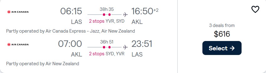 Cheap flights from Western USA to Auckland, New Zealand for only $616 roundtrip with Air Canada and Air New Zealand. Flight deal ticket image.