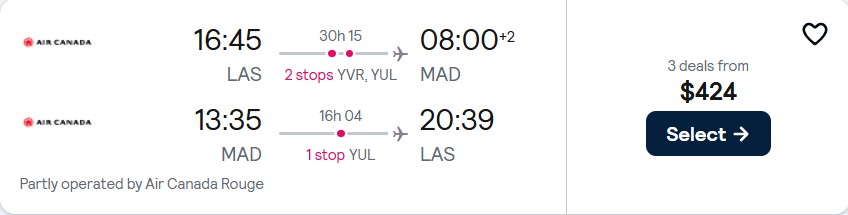 Cheap flights from Las Vegas to Madrid, Spain for only $424 roundtrip with Air Canada. Flight deal ticket image.