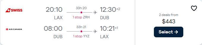 Click here to book this cheap flight deal. Cheap flights from Western USA to Dublin, Ireland from only $443 roundtrip with Swiss International Air Lines and Air Canada. Flight deal ticket image.