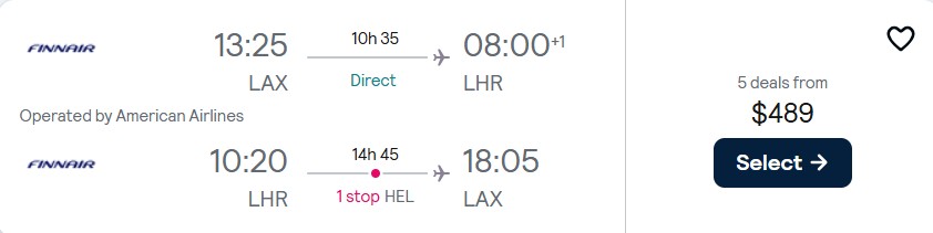 Cheap flights from Los Angeles to London, UK for only $489 roundtrip with American Airlines and Finnair. Flight deal ticket image.