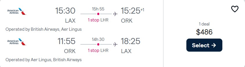 Cheap flights from Los Angeles to Cork, Ireland for only $486 roundtrip with British Airways and Aer Lingus. Flight deal ticket image.