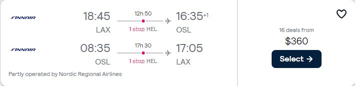 Summer flights from Los Angeles to Oslo, Norway for only $360 roundtrip with Finnair. Flight deal ticket image.