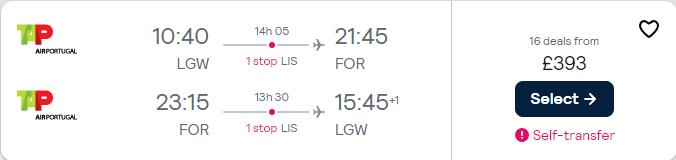 Cheap flights from London, UK to Fortaleza or Salvador, Brazil from only £393 roundtrip with TAP Air Portugal. Flight deal ticket image.