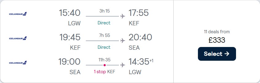 2 in 1 trip...Cheap flights from London, UK to Reykjavik, Iceland and Seattle, USA for only £333 roundtrip. Flight deal ticket image.