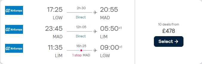 Click here to book this cheap flight deal. 2 in 1 trip...Cheap flights from London, UK to Madrid, Spain and Lima, Peru for only £459 roundtrip with Air Europa. Flight deal ticket image.