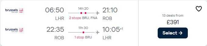Click here to book this cheap flight deal. Cheap flights from London, UK to Monrovia, Liberia for only £391 roundtrip with Brussels Airlines. Flight deal ticket image.
