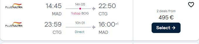 Cheap flights from Madrid, Spain to Cartagena or Bogota, Colombia from only €494 roundtrip. Flight deal ticket image.