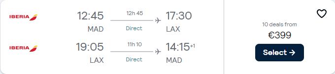 Click here to book this cheap flight deal. Cheap flights from Madrid, Spain to Los Angeles or San Francisco, USA from only €399 roundtrip with Iberia. Flight deal ticket image.