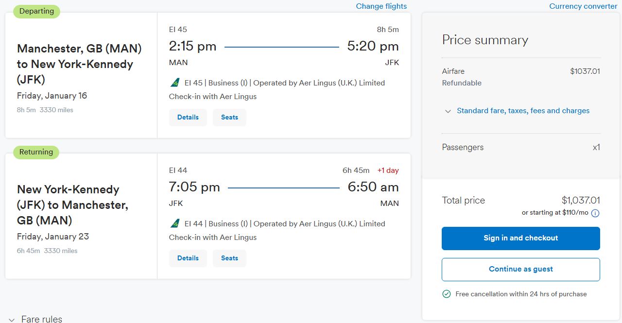 Click here to book this cheap flight deal. Business Class flights from Manchester, UK to New York, USA for only £767 roundtrip with Aer Lingus. Flight deal ticket image.