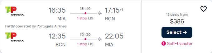 Click here to book this cheap flight deal. Cheap flights from Miami to Barcelona, Spain for only $386 roundtrip with TAP Air Portugal. Flight deal ticket image.