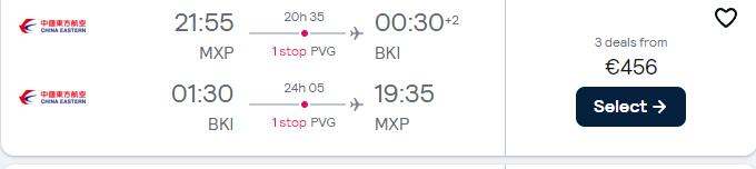 Click here to book this cheap flight deal. Cheap flights from Milan, Italy to Borneo for only €456 roundtrip. Flight deal ticket image.