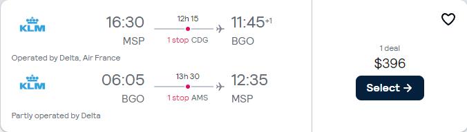 Cheap flights from Minneapolis to Bergen, Norway for only $396 roundtrip with Delta Air Lines, Air France and KLM. Flight deal ticket image.