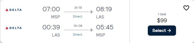 Non-stop, summer flights from Minneapolis to Las Vegas for only $99 roundtrip with Delta Air Lines. Also works in reverse. Flight deal ticket image.