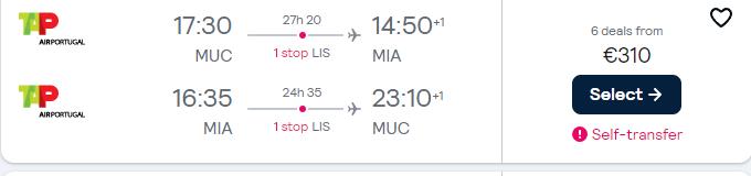 Cheap flights from German cities to Miami, USA from only €310 roundtrip with TAP Air Portugal. Flight deal ticket image.