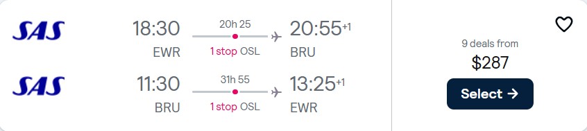 Click here to book this cheap flight deal. Cheap flights from New York to Brussels, Belgium for only $287 roundtrip with Scandinavian Airlines. Flight deal ticket image.