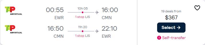 Cheap flights from New York to Casablanca or Marrakesh, Morocco from only $367 roundtrip with TAP Air Portugal. Flight deal ticket image.
