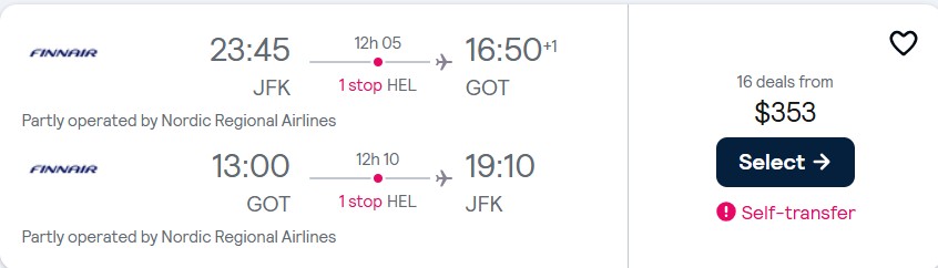 Cheap flights from New York to Gothenburg, Sweden for only $353 roundtrip with Finnair. Flight deal ticket image.