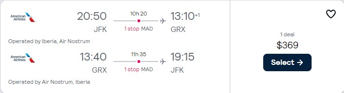 Cheap flights from New York to Granada, Spain for only $369 roundtrip with Iberia. Flight deal ticket image.