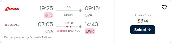Click here to book this cheap flight deal. Summer flights from New York to Geneva, Switzerland for only $369 roundtrip with Swiss International Air Lines, Brussels Airlines and Air Canada. Flight deal ticket image.