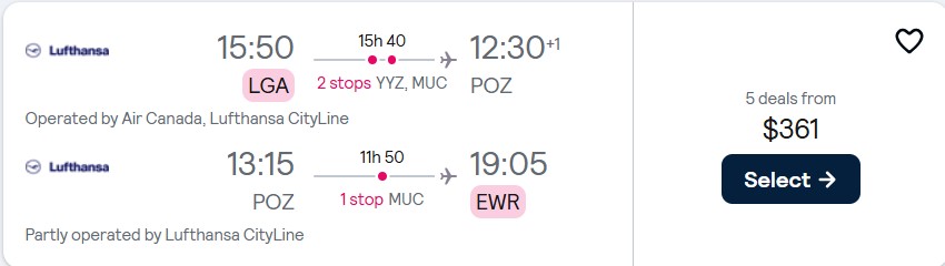 Cheap flights from New York to Poznan, Poland for only $361 roundtrip with Air Canada and Lufthansa. Flight deal ticket image.