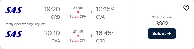 Cheap flights from Chicago to Geneva, Switzerland for only $362 roundtrip with Scandinavian Airlines. Flight deal ticket image.
